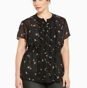 Black with pink hummingbird ruffled blouse
